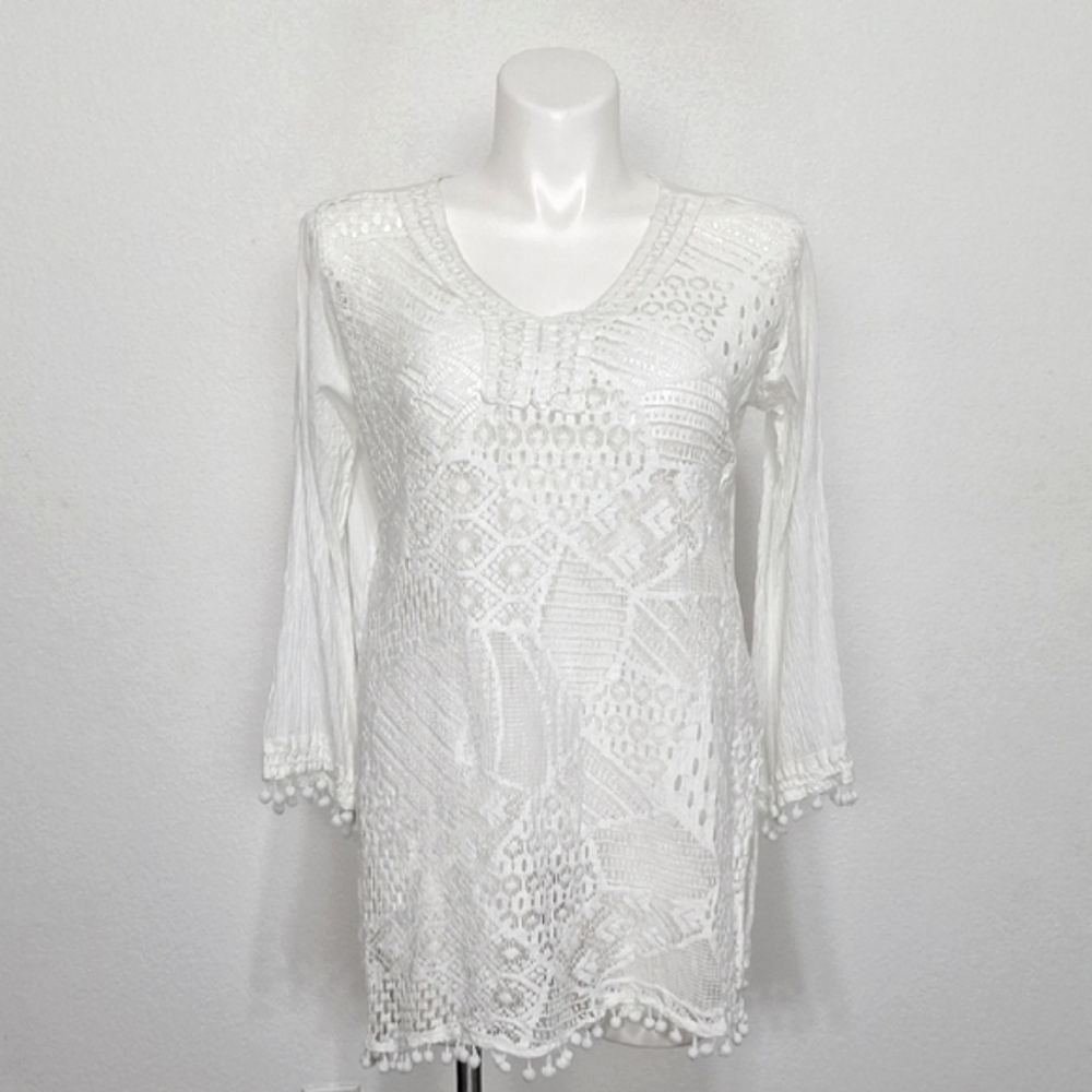 S.R. Fashion White Coquette Boho Crochet Semi Sheer Cover Up/Tunic Top Size XL